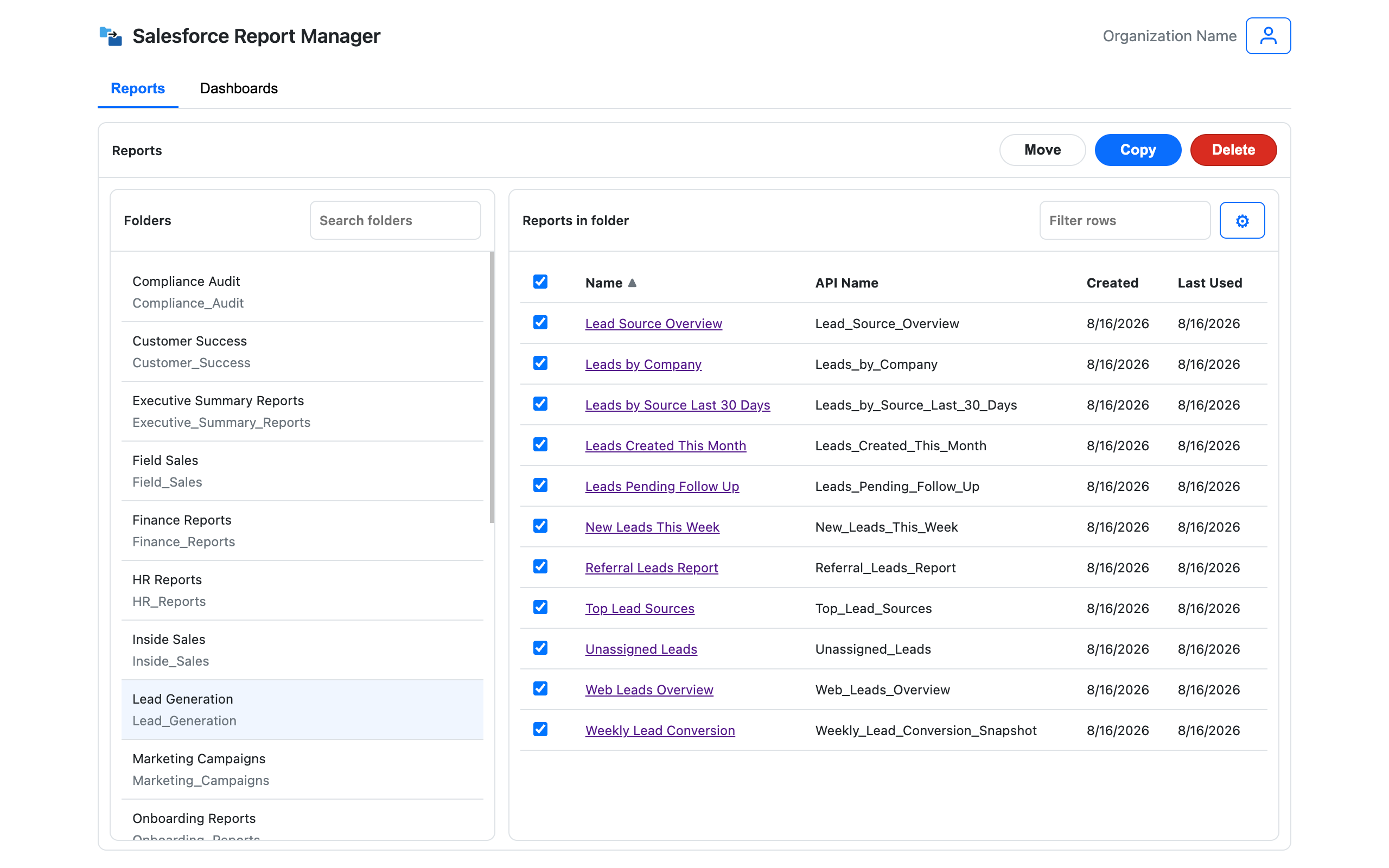 SF Report Manager workspace showing Salesforce report folders, selected reports, and bulk action buttons.