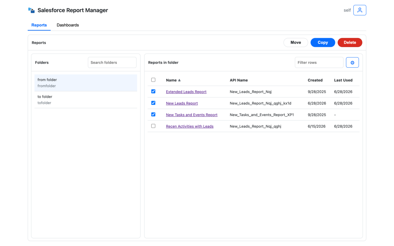 SF Report Manager workspace showing Salesforce report folders, selected reports, and bulk action buttons.