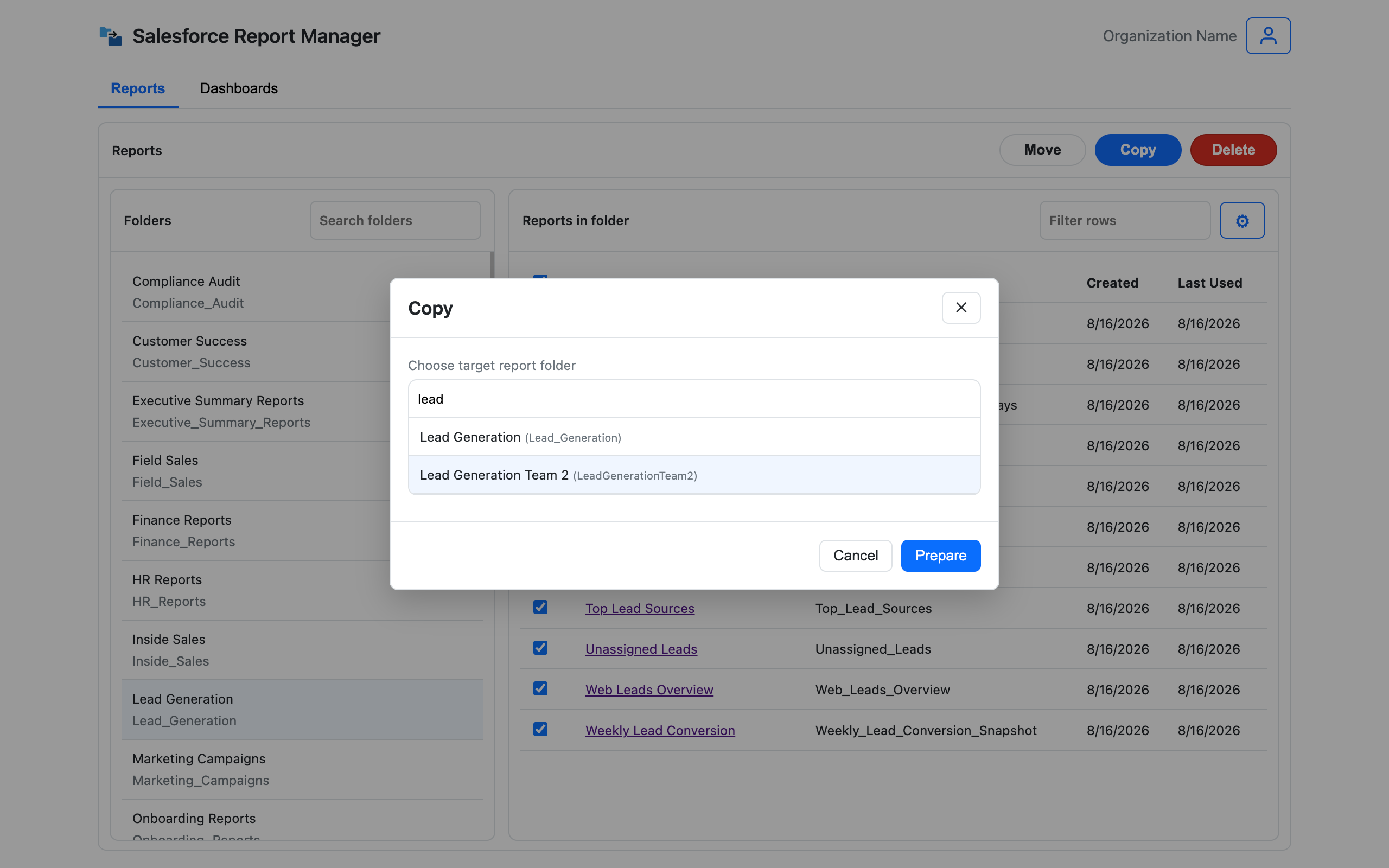Dialog to choose target report folder before preparing a copy or move, with cancel and prepare actions.
