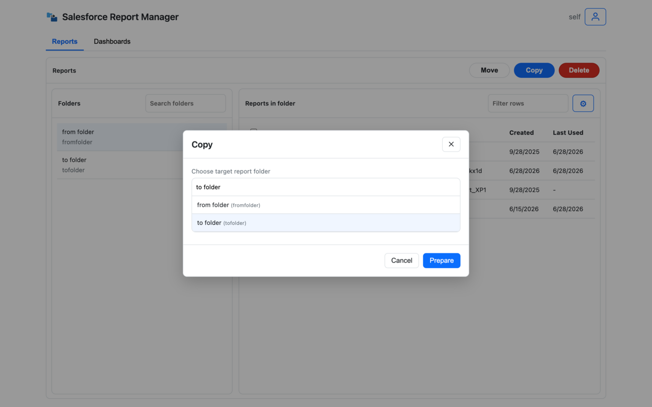 Dialog to choose target report folder before preparing a copy or move, with cancel and prepare actions.