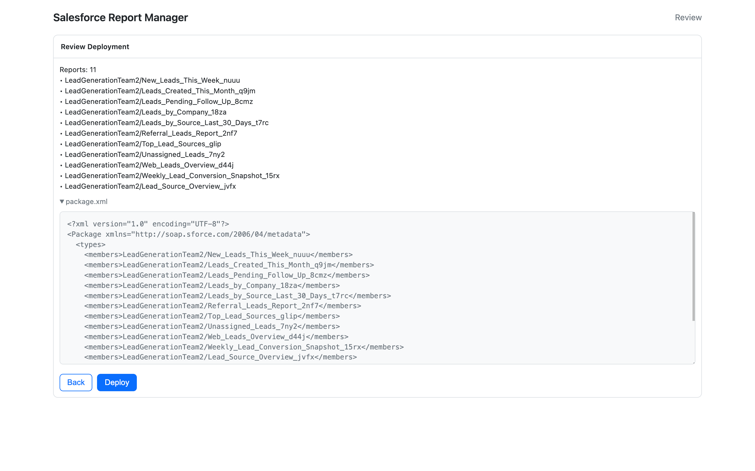 Review deployment screen listing selected reports and expandable package.xml metadata.