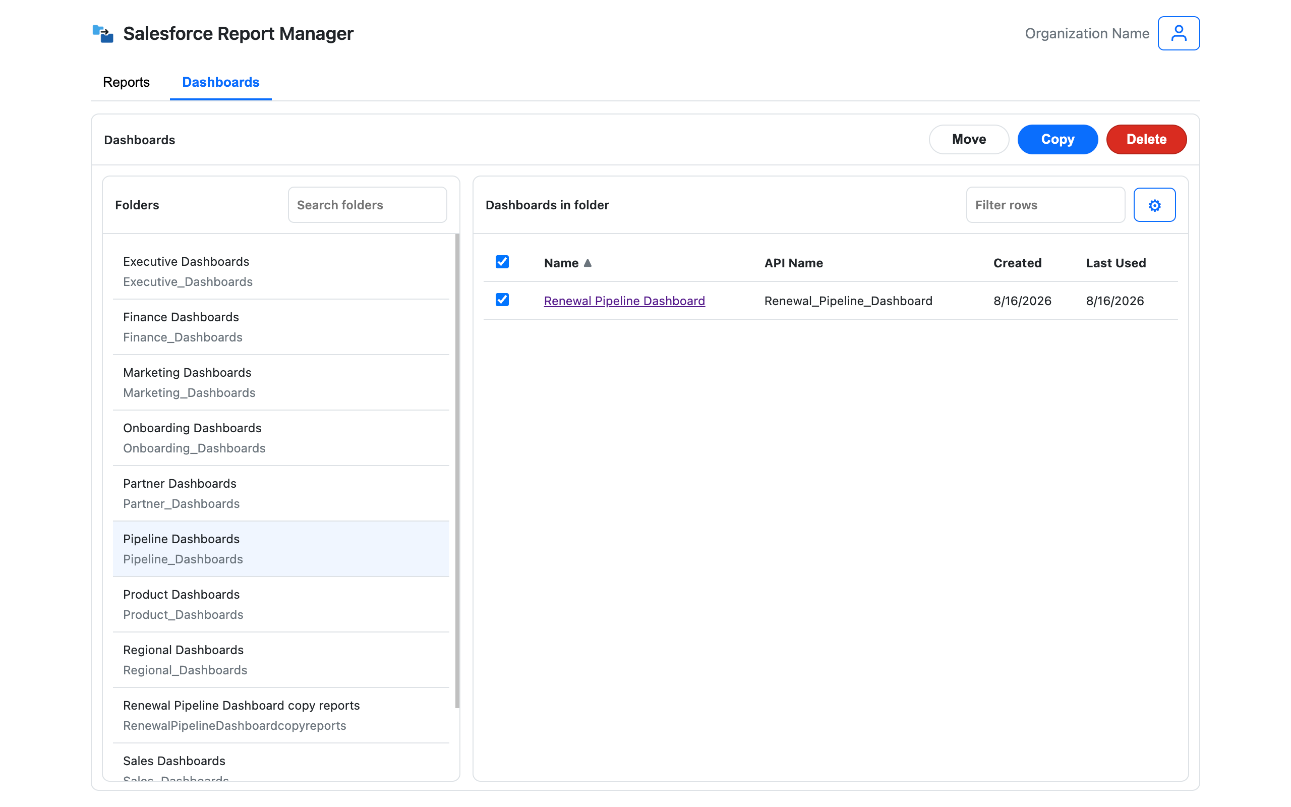 Dashboard folder view with a dashboard selected to clone.