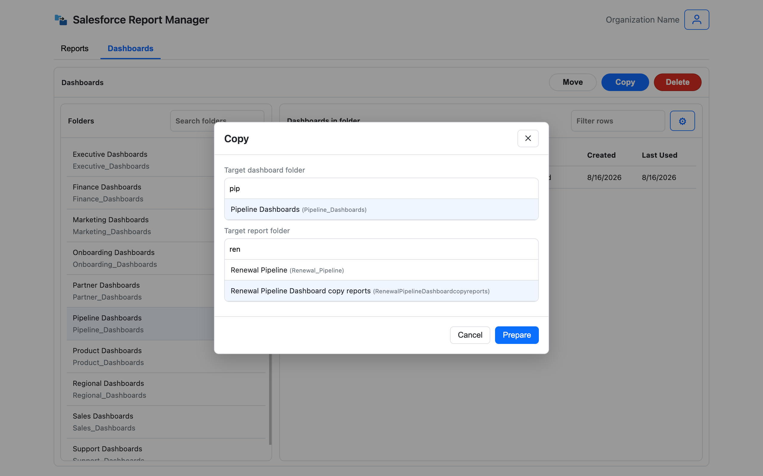 Dialog to choose the destination folder for the cloned dashboard and its reports.
