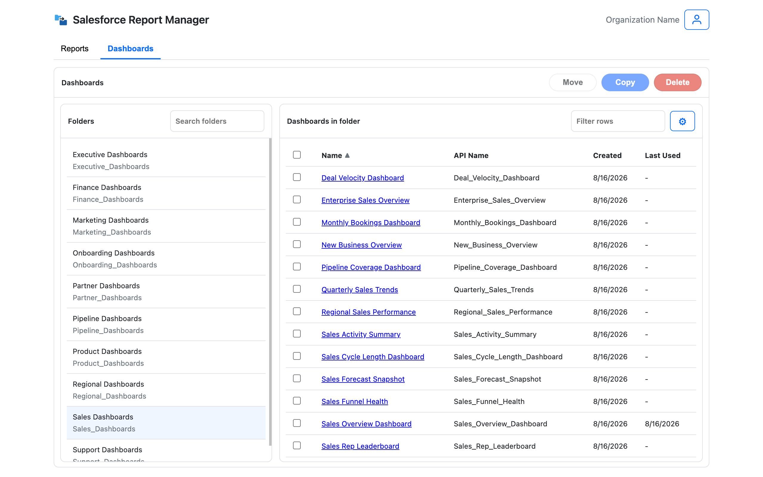 SF Report Manager workspace showing Salesforce dashboard and report folders.
